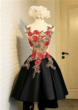 Picture of Lovely Black Color High Low Homecoming Dresses with Floral Lace, Party Dresses